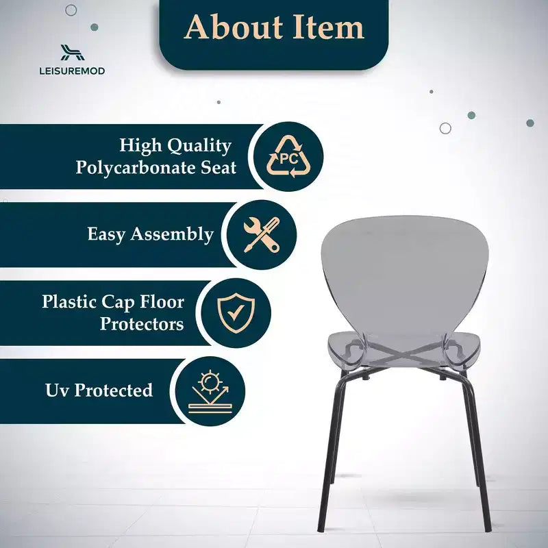 LeisureMod Oyster Sedie da pranzo trasparenti set da 2 Design a schienale curvo impilabile con gambe in acciaio inossidabile nero per cucina o sala da pranzo