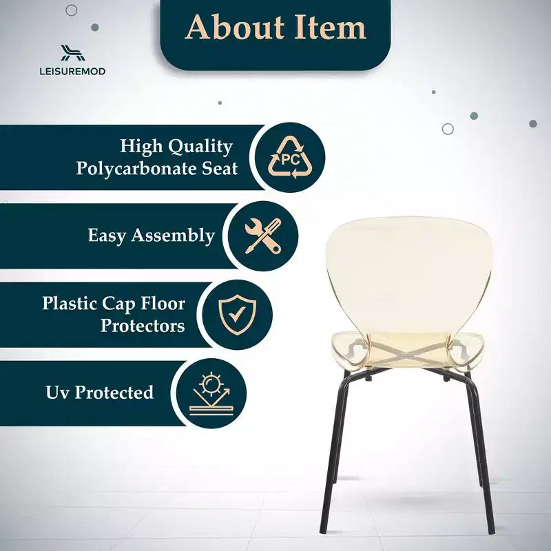 LeisureMod Oyster Sedie da pranzo trasparenti set da 2 Design a schienale curvo impilabile con gambe in acciaio inossidabile nero per cucina o sala da pranzo