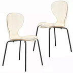LeisureMod Oyster Transparent Dining Chairs Set of 2  Stackable Curved Back Design with Black Stainless Steel Legs for Kitchen or Dining Room