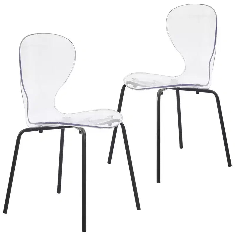 LeisureMod Oyster Transparent Dining Chairs Set of 2  Stackable Curved Back Design with Black Stainless Steel Legs for Kitchen or Dining Room