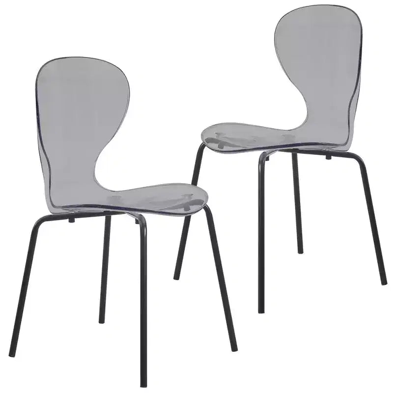 LeisureMod Oyster Transparent Dining Chairs Set of 2  Stackable Curved Back Design with Black Stainless Steel Legs for Kitchen or Dining Room