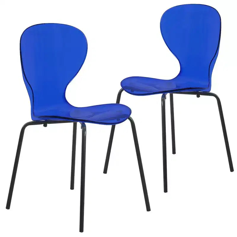 LeisureMod Oyster Transparent Dining Chairs Set of 2  Stackable Curved Back Design with Black Stainless Steel Legs for Kitchen or Dining Room