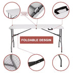 Folding Table 5 Foot Portable HDPE Plastic Indoor Outdoor Rectangular Table with Steel Legs White