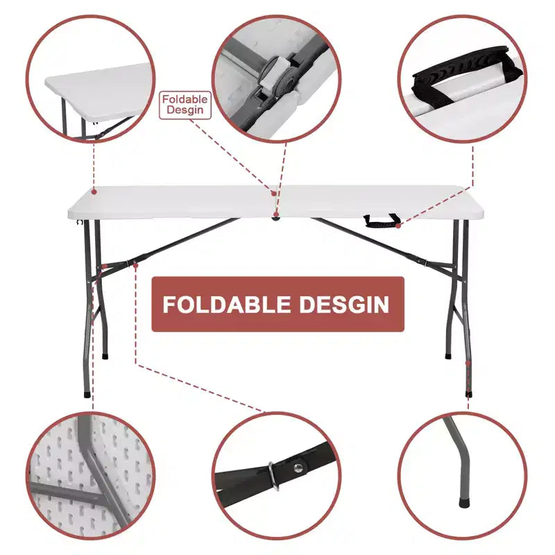 Folding Table 5 Foot Portable HDPE Plastic Indoor Outdoor Rectangular Table with Steel Legs White