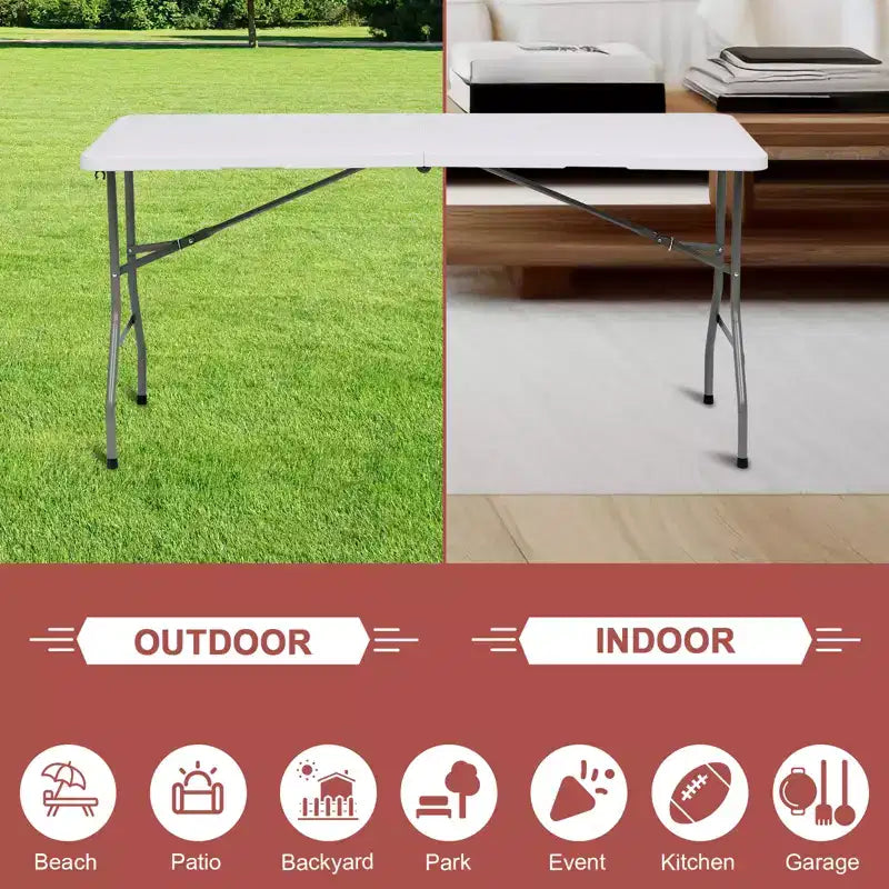 Folding Table 5 Foot Portable HDPE Plastic Indoor Outdoor Rectangular Table with Steel Legs White