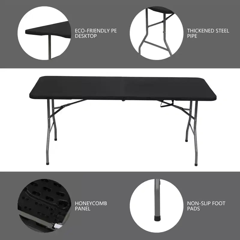 Folding Table 6 Foot Portable HDPE Plastic Indoor Outdoor Rectangular Table with Steel Legs Black