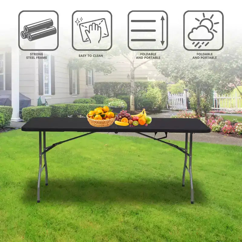 Folding Table 6 Foot Portable HDPE Plastic Indoor Outdoor Rectangular Table with Steel Legs Black
