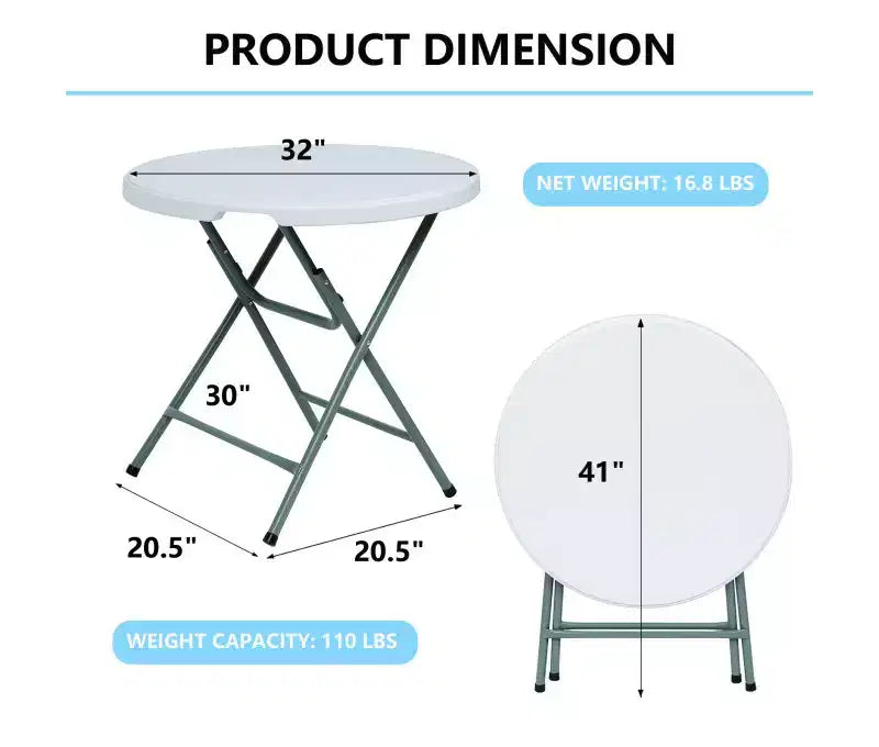 Tavolo rotondo pieghevole da 32 pollici, portatile, in plastica HDPE, da pranzo per interni ed esterni con gambe in acciaio, bianco
