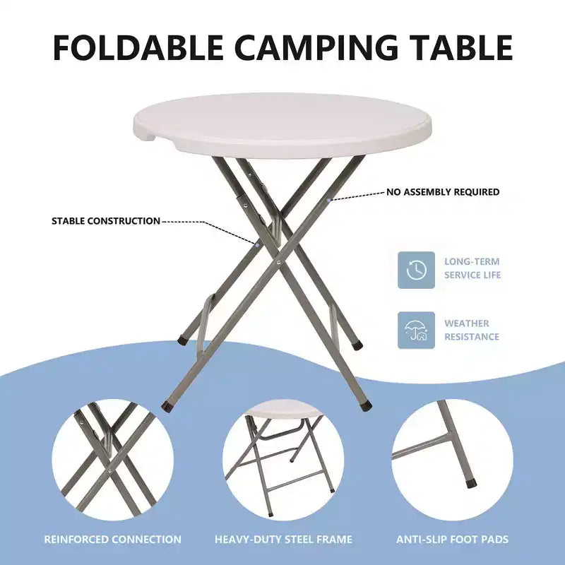 Tavolo rotondo pieghevole da 32 pollici, portatile, in plastica HDPE, da pranzo per interni ed esterni con gambe in acciaio, bianco
