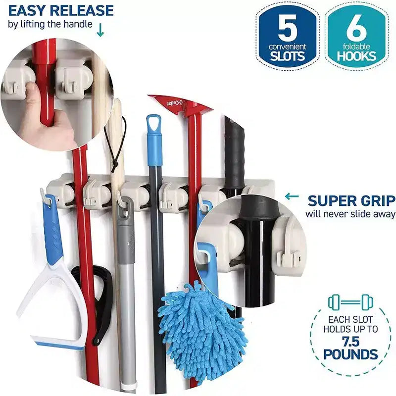 1-2 Pack Broom and Mop Holder Rack - Garage Storage System - Garden Tool Organizer with 5 Slots, 6 Hooks, 7.5lbs Capacity Per Slot Off - Homeitusa