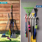 1-2 Pack Broom and Mop Holder Rack - Garage Storage System - Garden Tool Organizer with 5 Slots, 6 Hooks, 7.5lbs Capacity Per Slot Off - Homeitusa