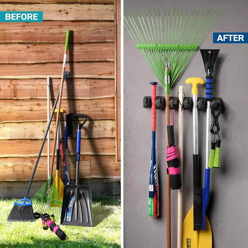 Portascope e portamop da 1-2 confezioni - Sistema di archiviazione per garage - Organizzatore per attrezzi da giardino con 5 fessure, 6 ganci, capacità di 3,4 kg per fessura - Homeitusa