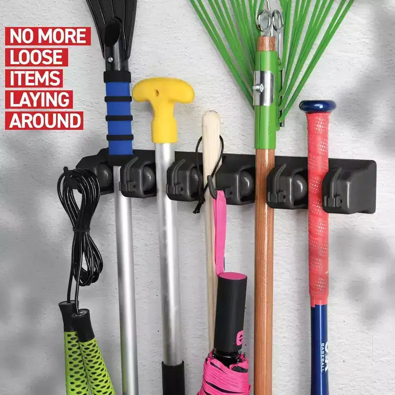 Portascope e portamop da 1-2 confezioni - Sistema di archiviazione per garage - Organizzatore per attrezzi da giardino con 5 fessure, 6 ganci, capacità di 3,4 kg per fessura - Homeitusa