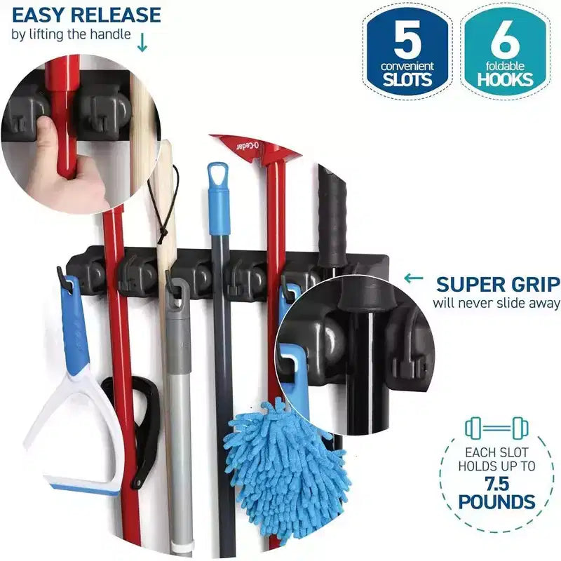 1-2 Pack Broom and Mop Holder Rack - Garage Storage System - Garden Tool Organizer with 5 Slots, 6 Hooks, 7.5lbs Capacity Per Slot Off - Homeitusa