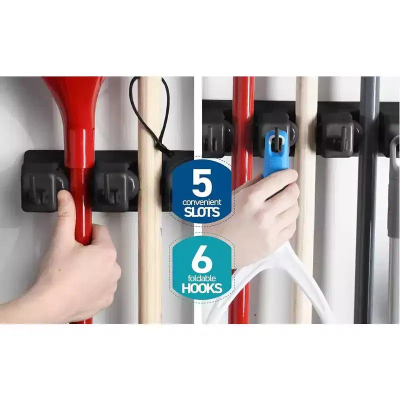 1-2 Pack Broom and Mop Holder Rack - Garage Storage System - Garden Tool Organizer with 5 Slots, 6 Hooks, 7.5lbs Capacity Per Slot Off - Homeitusa