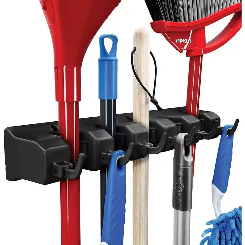 1-2 Pack Broom and Mop Holder Rack - Garage Storage System - Garden Tool Organizer with 5 Slots, 6 Hooks, 7.5lbs Capacity Per Slot Off - Homeitusa