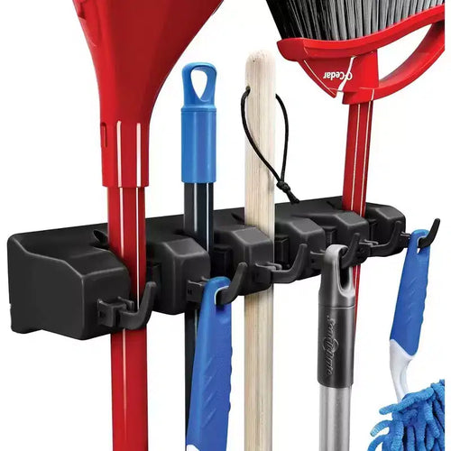 1-2 Pack Broom and Mop Holder Rack - Garage Storage System - Garden Tool Organizer with 5 Slots, 6 Hooks, 7.5lbs Capacity Per Slot Off - Homeitusa