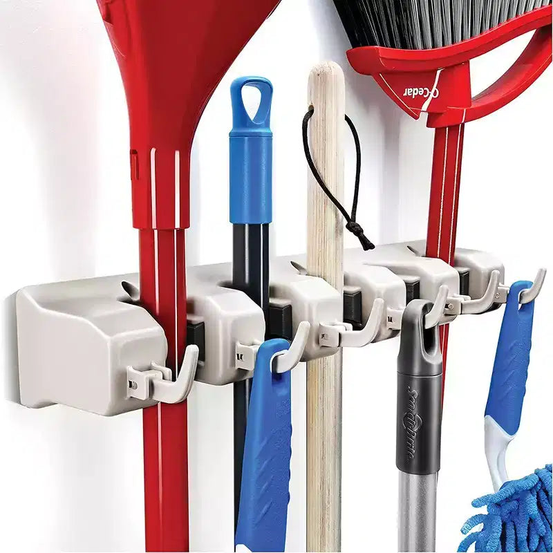 Portascope e portamop da 1-2 confezioni - Sistema di archiviazione per garage - Organizzatore per attrezzi da giardino con 5 fessure, 6 ganci, capacità di 3,4 kg per fessura - Homeitusa