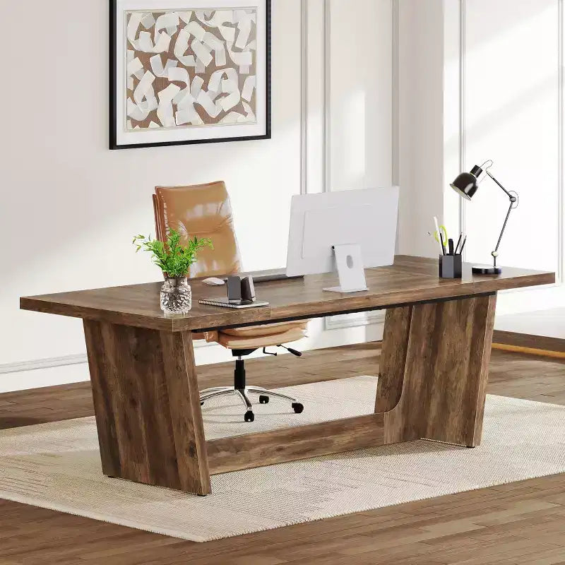 Lantine 70.87-Inch Executive Computer Desk with Solid Wooden Pedestal