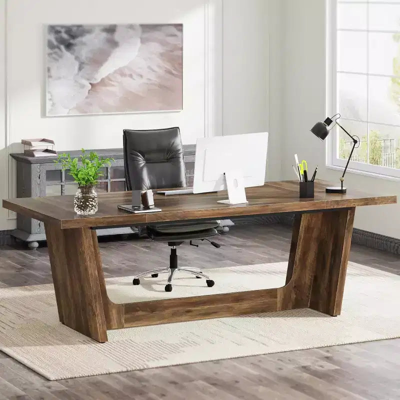Lantine 70.87-Inch Executive Computer Desk with Solid Wooden Pedestal