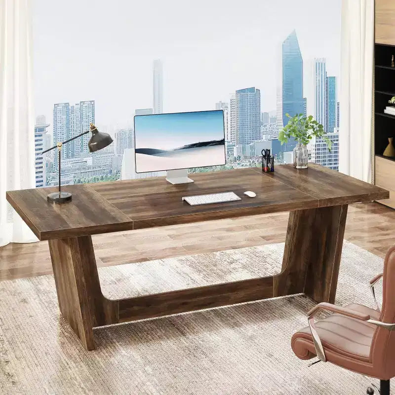 Lantine 70.87-Inch Executive Computer Desk with Solid Wooden Pedestal