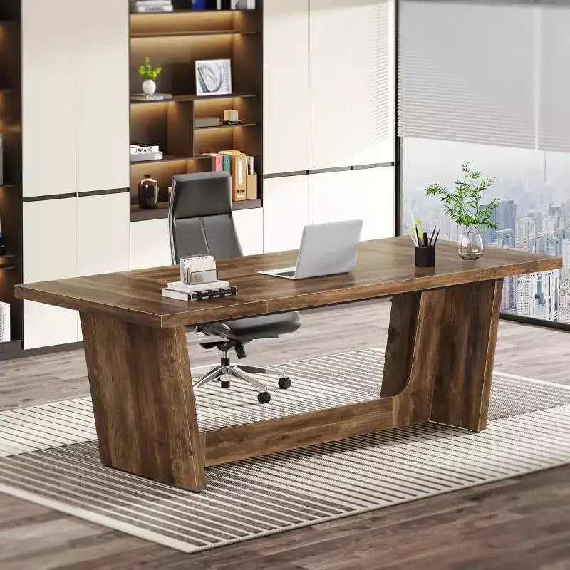Lantine 70.87-Inch Executive Computer Desk with Solid Wooden Pedestal