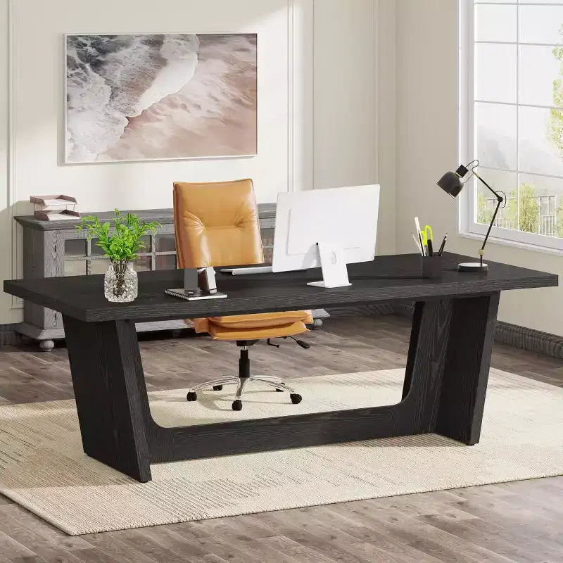 Lantine 70.87-Inch Executive Computer Desk with Solid Wooden Pedestal