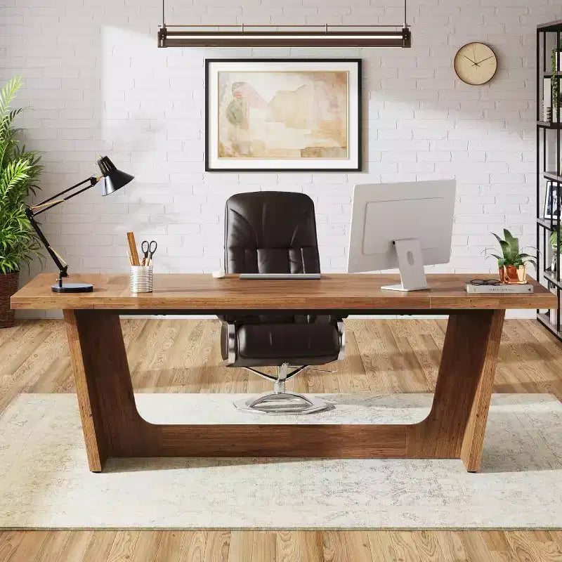 Lantine 70.87-Inch Executive Computer Desk with Solid Wooden Pedestal