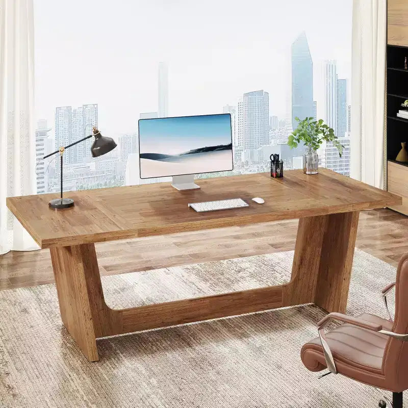 Lantine 70.87-Inch Executive Computer Desk with Solid Wooden Pedestal