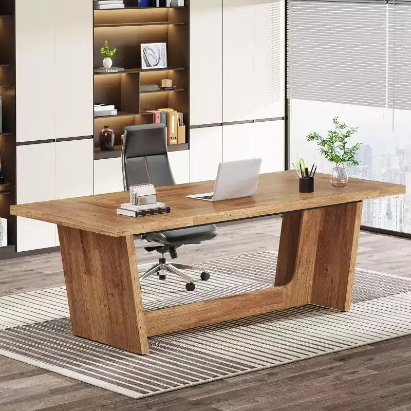 Lantine 70.87-Inch Executive Computer Desk with Solid Wooden Pedestal