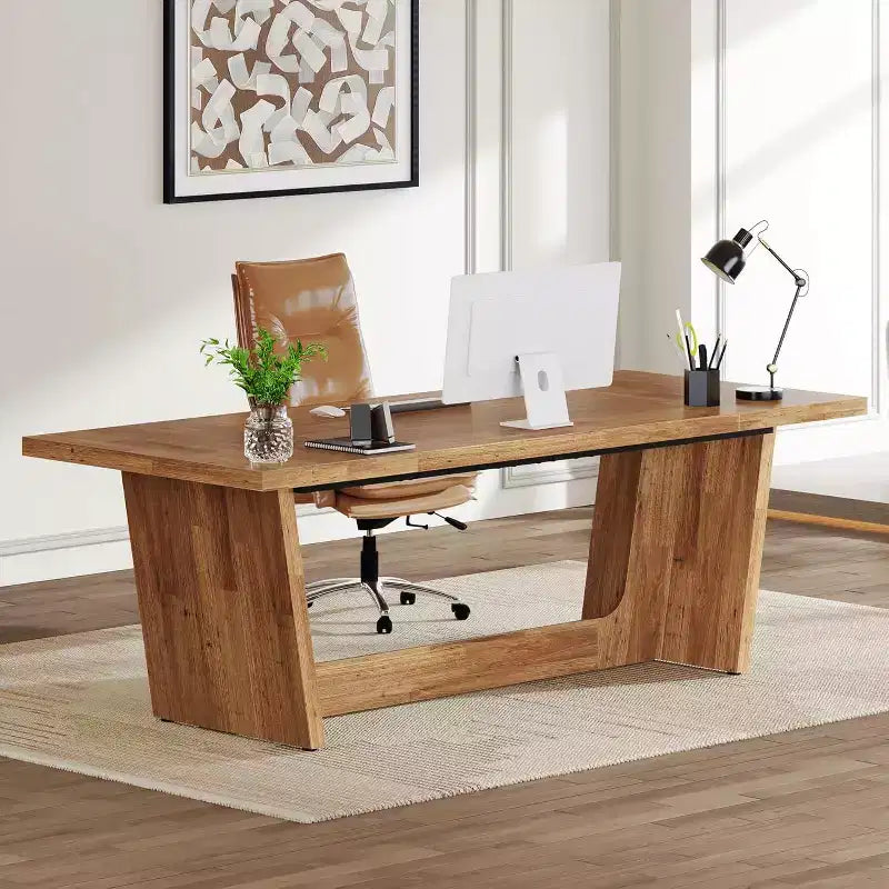 Lantine 70.87-Inch Executive Computer Desk with Solid Wooden Pedestal