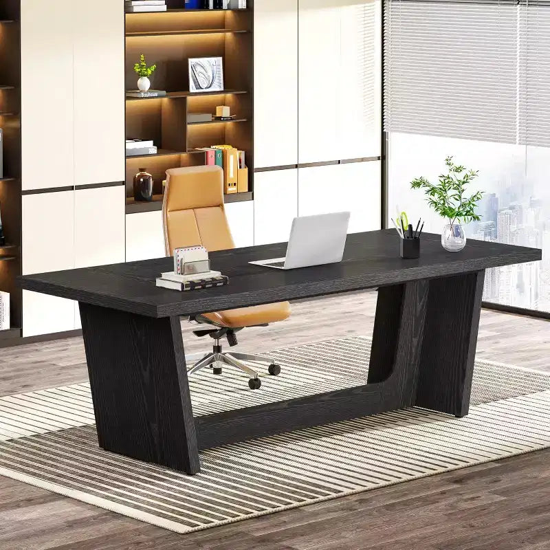 Lantine 70.87-Inch Executive Computer Desk with Solid Wooden Pedestal
