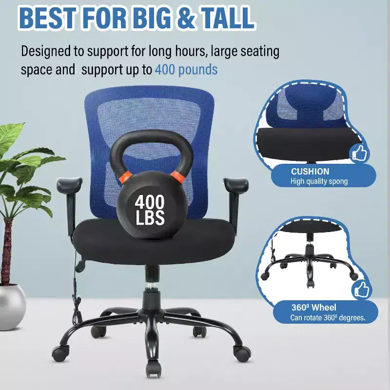 FDW Big and Tall Office Chair with Adjustable Lumbar Support 400lbs Weight Capacity & Seat Massage Function for Adults