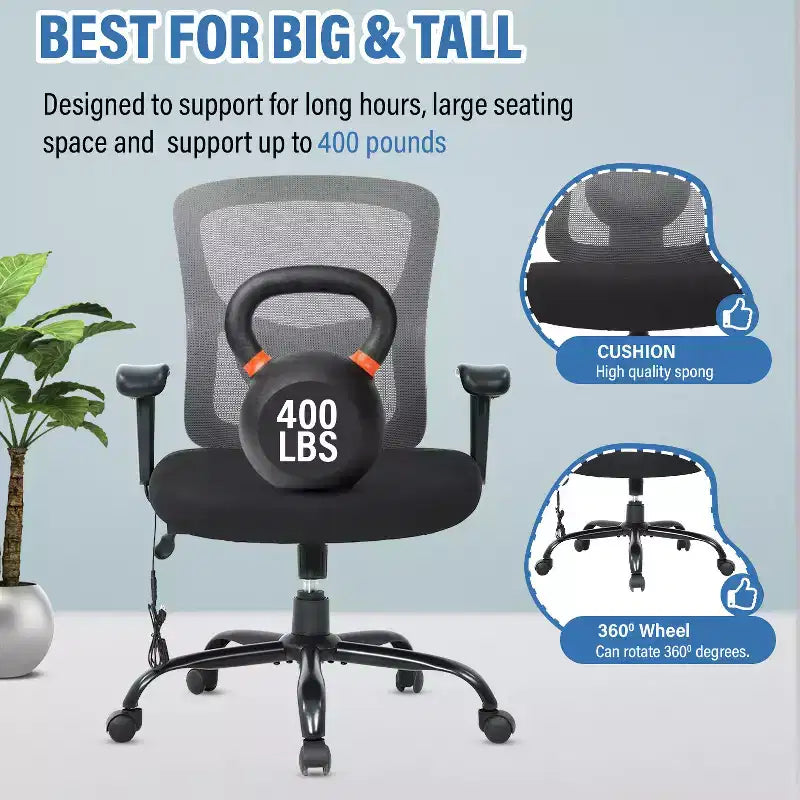 FDW Big and Tall Office Chair with Adjustable Lumbar Support 400lbs Weight Capacity & Seat Massage Function for Adults