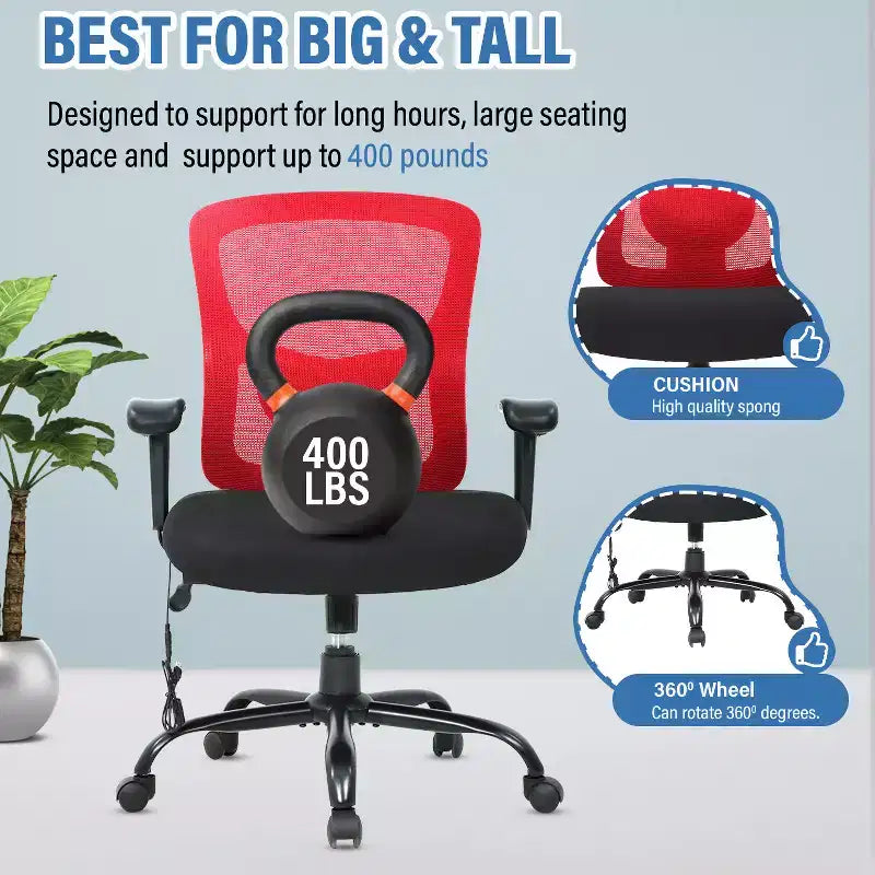 FDW Big and Tall Office Chair with Adjustable Lumbar Support 400lbs Weight Capacity & Seat Massage Function for Adults