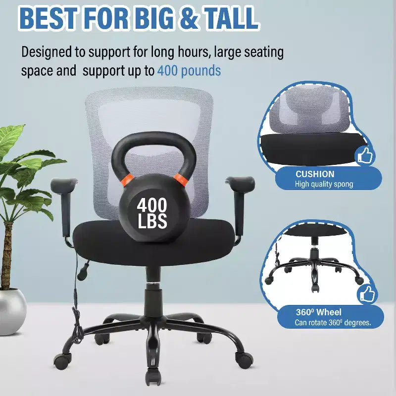 FDW Big and Tall Office Chair with Adjustable Lumbar Support 400lbs Weight Capacity & Seat Massage Function for Adults