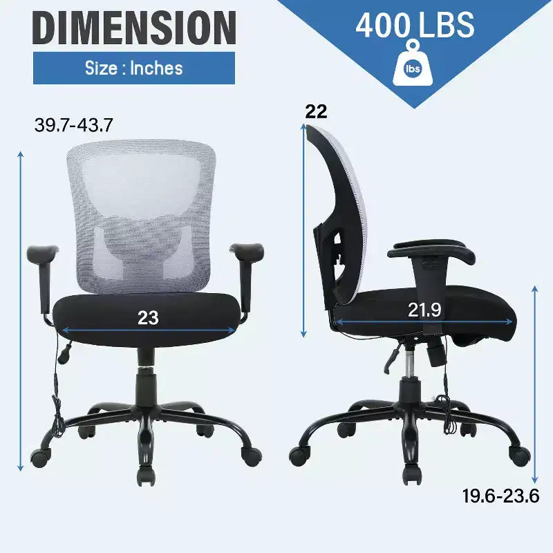 FDW Big and Tall Office Chair with Adjustable Lumbar Support 400lbs Weight Capacity & Seat Massage Function for Adults