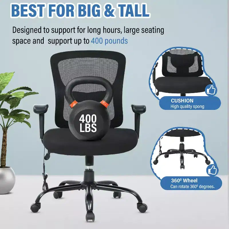 FDW Big and Tall Office Chair with Adjustable Lumbar Support 400lbs Weight Capacity & Seat Massage Function for Adults