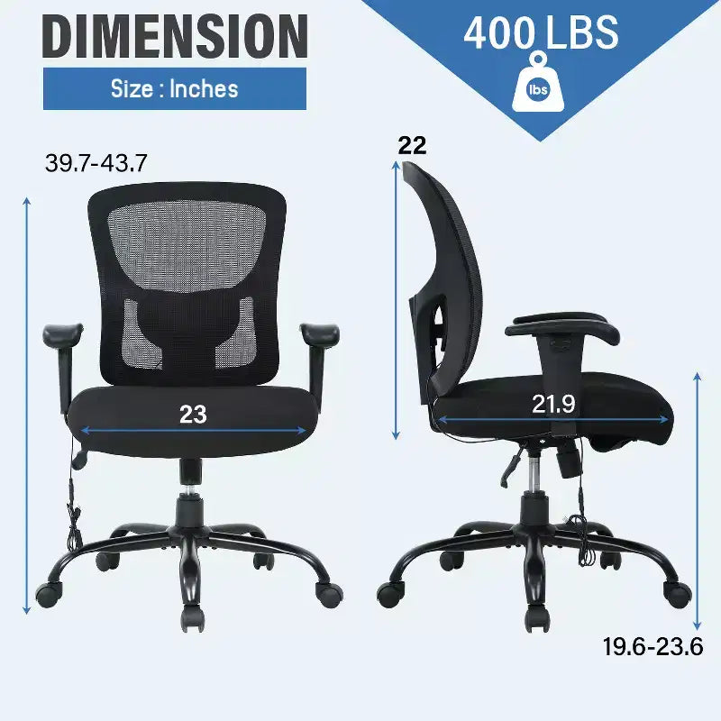 FDW Big and Tall Office Chair with Adjustable Lumbar Support 400lbs Weight Capacity & Seat Massage Function for Adults