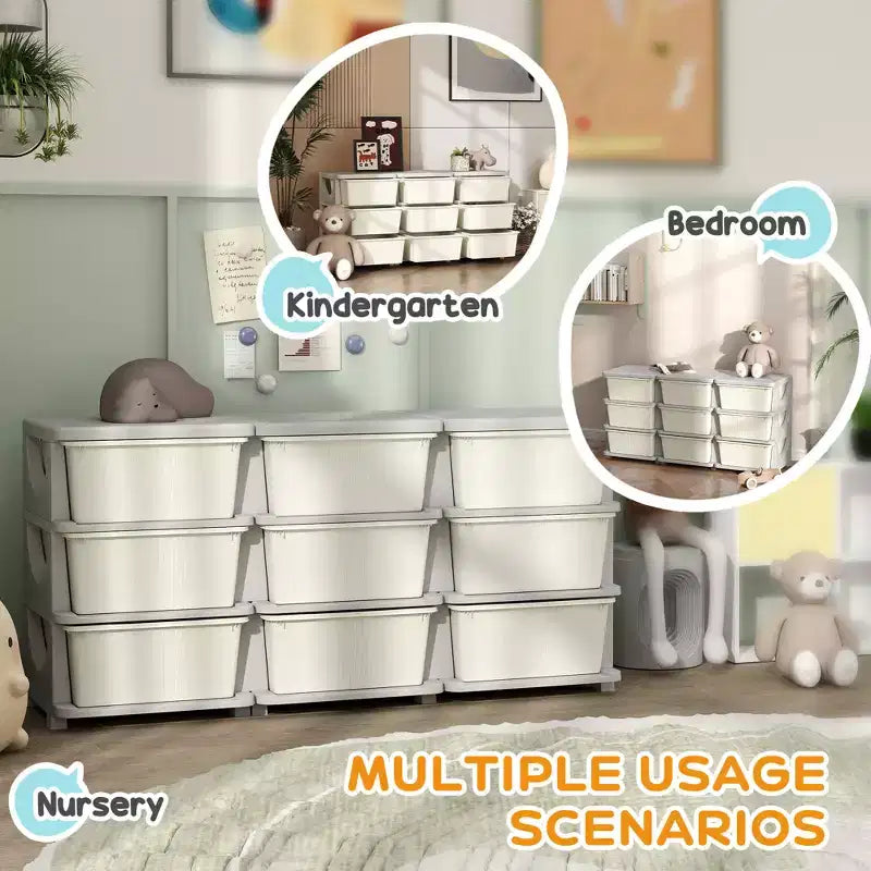 29.5 3-Tier Kids Toy Storage Organizer with 9 Removable Drawers, Child-Safe Design, Cream White