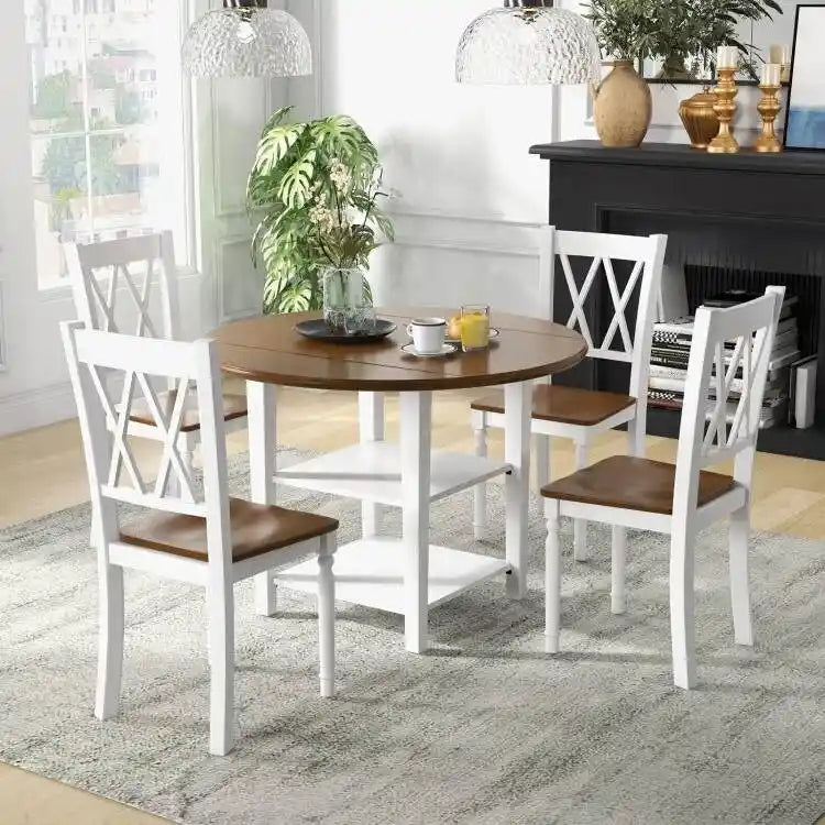 Tavolo da Pranzo Rotondo con Ante a Scomparsa e 4 Sedie, Finitura Legno Bianco/Noce