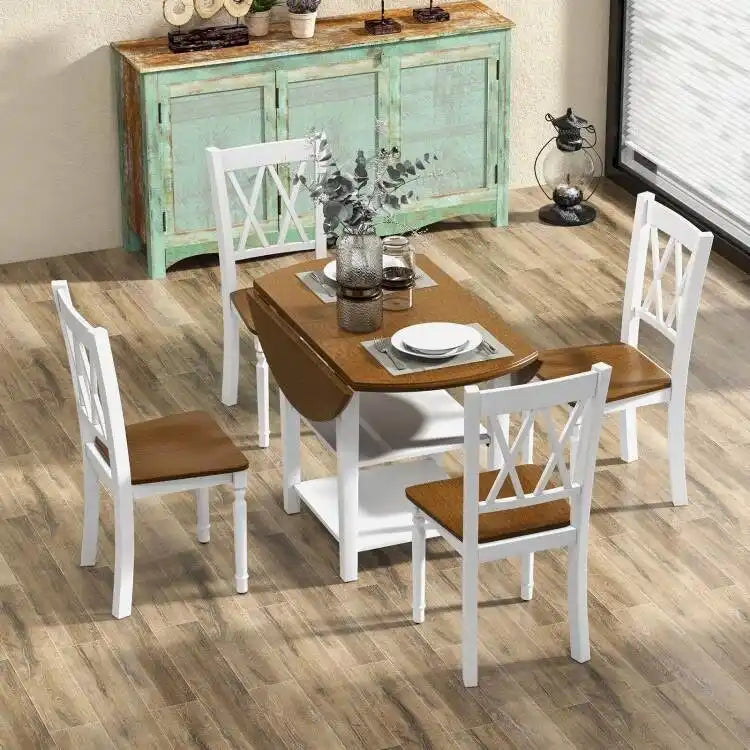 Tavolo da Pranzo Rotondo con Ante a Scomparsa e 4 Sedie, Finitura Legno Bianco/Noce
