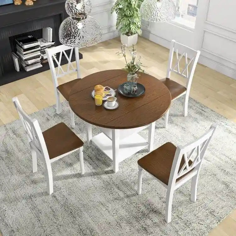 Tavolo da Pranzo Rotondo con Ante a Scomparsa e 4 Sedie, Finitura Legno Bianco/Noce