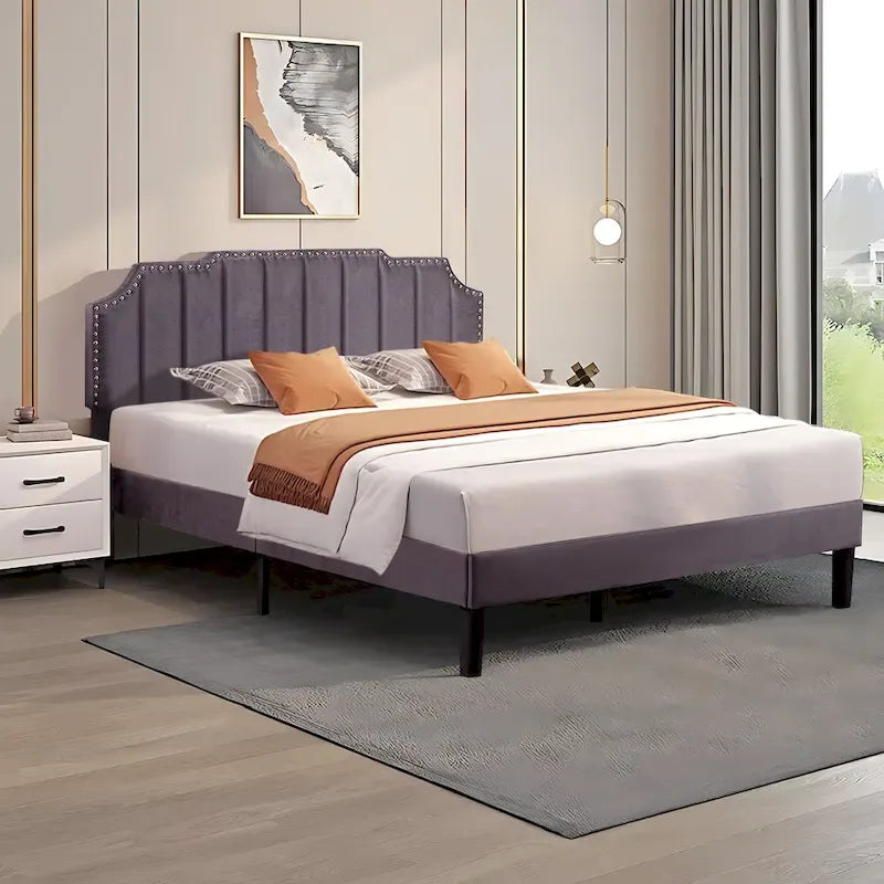 Javlergo Base Letto Imbottita con Testiera Regolabile Rifinita con Borchie, Nessuna Rete a Molle Necessaria