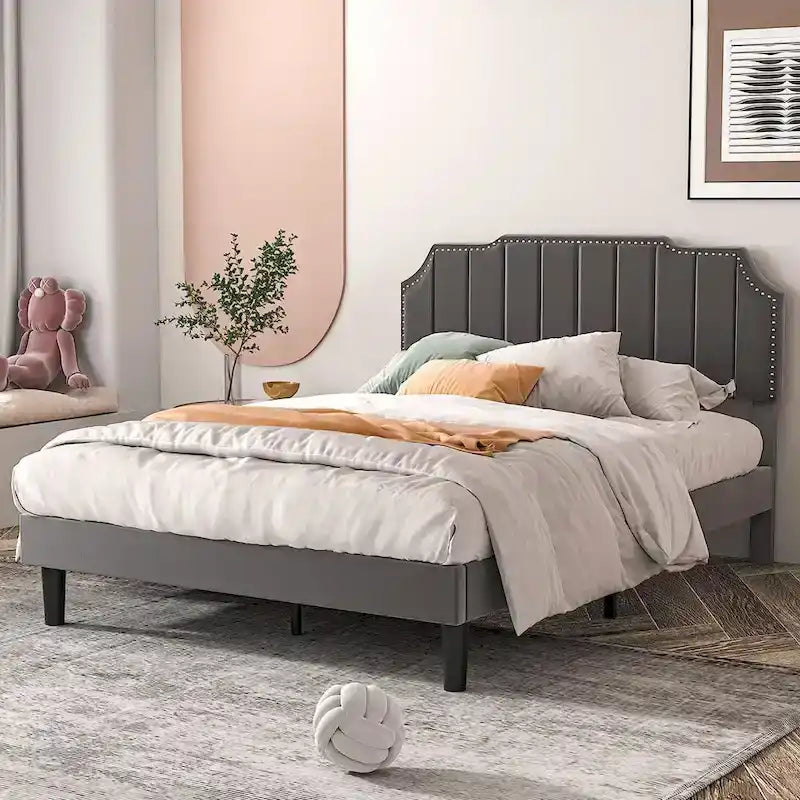 Javlergo Base Letto Imbottita con Testiera Regolabile Rifinita con Borchie, Nessuna Rete a Molle Necessaria