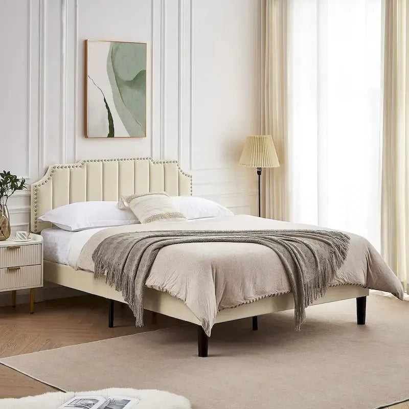 Javlergo Base Letto Imbottita con Testiera Regolabile Rifinita con Borchie, Nessuna Rete a Molle Necessaria
