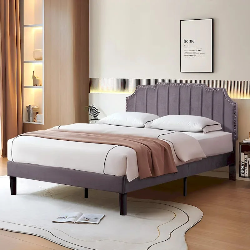 Javlergo Base Letto Imbottita con Testiera Regolabile Rifinita con Borchie, Nessuna Rete a Molle Necessaria