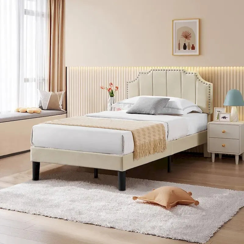 Javlergo Base Letto Imbottita con Testiera Regolabile Rifinita con Borchie, Nessuna Rete a Molle Necessaria