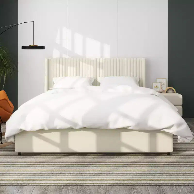 Christopher Knight Home Gelia Upholstered Queen Size Bed with Wingback Headboard and 2-Drawers, Ivory