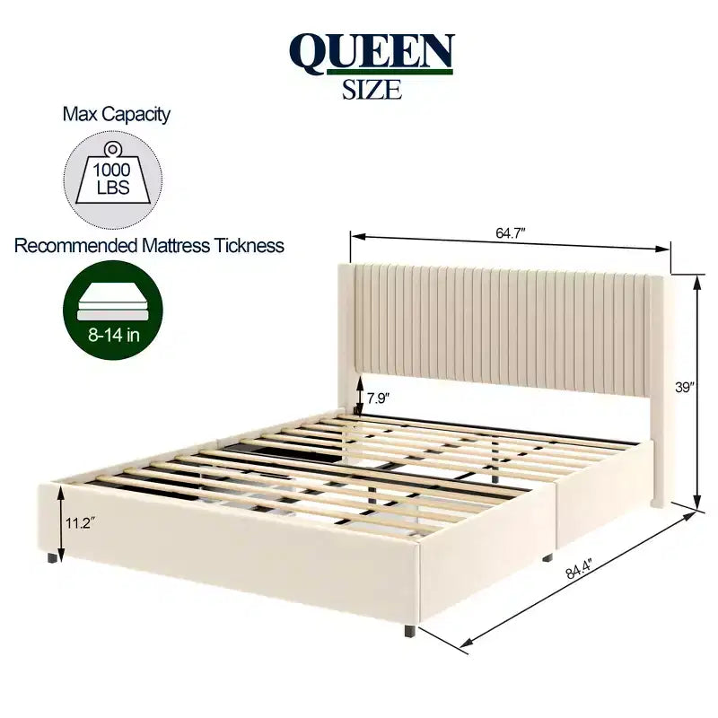 Christopher Knight Home Gelia Upholstered Queen Size Bed with Wingback Headboard and 2-Drawers, Ivory